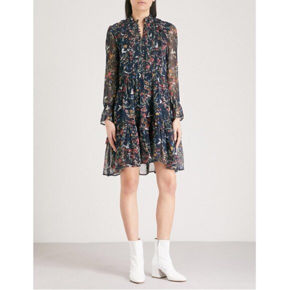 💕THE KOOPLES💕 Blue Bird Print Dress ~ Floral Long Sleeve 100% Silk Crepe Small - Picture 6 of 16